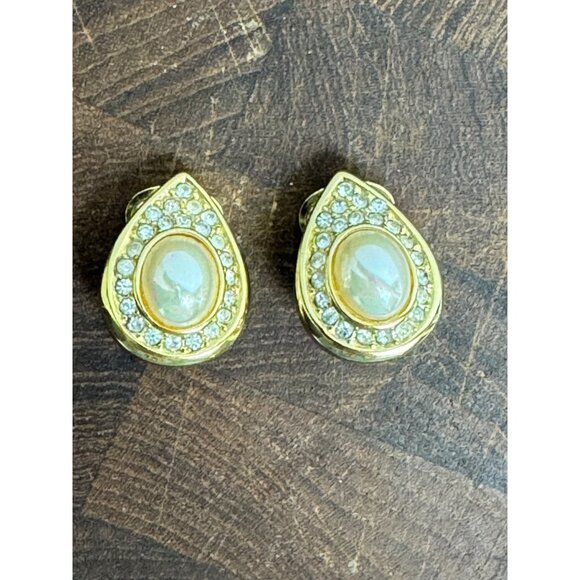 Christian Dior Gold-Tone Clip-On Earrings With Faux Pearls Rhinestones Teardrop - Picture 1 of 6